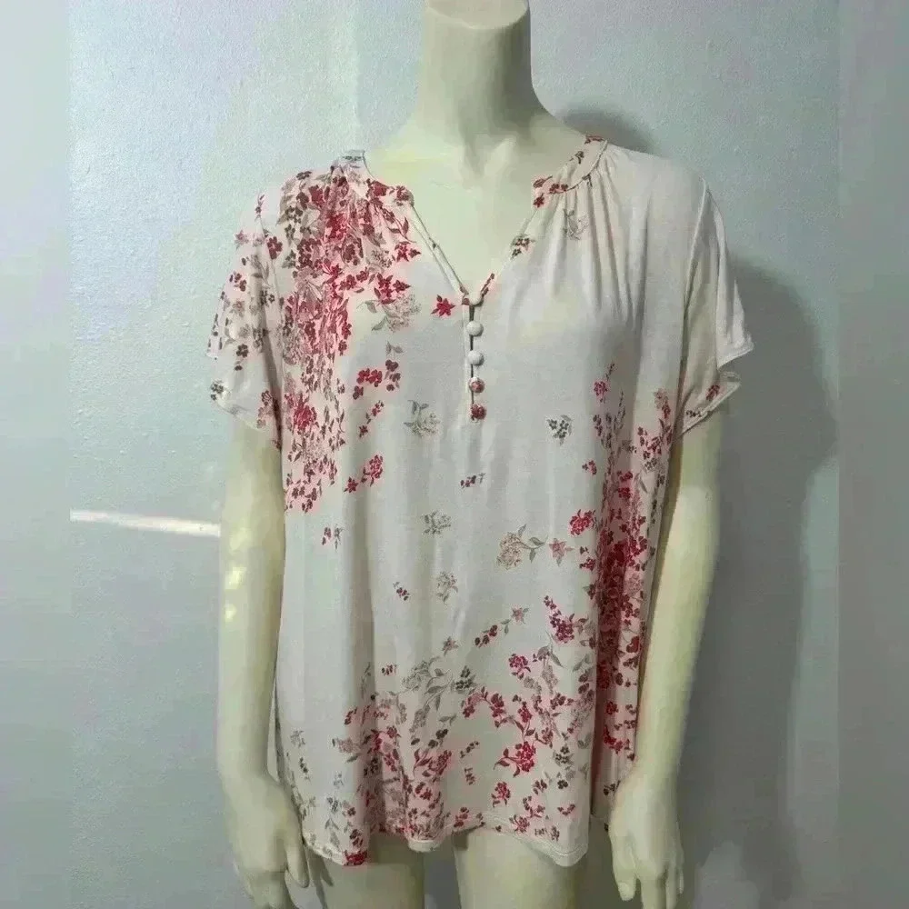 Liz Claiborne Floral Print Tunic Blouse with Fabric Buttons - Plus Size 0X - EUC - Picture 1 of 10